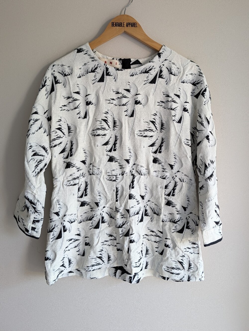 Marni Palm Tree Printed Blouse 3/4 Sleeves Top Jacquard Woven Back Zip